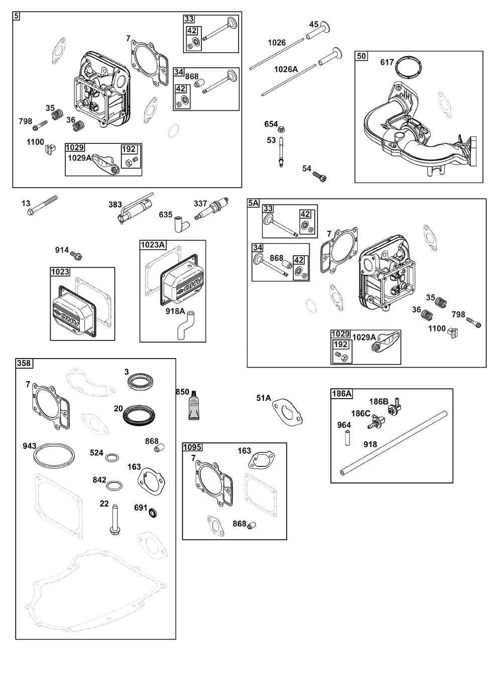 Cylinder Head Group Diagram and Parts List for 44U677-0011-B5 400000 - 699999 Briggs and Stratton Engine
